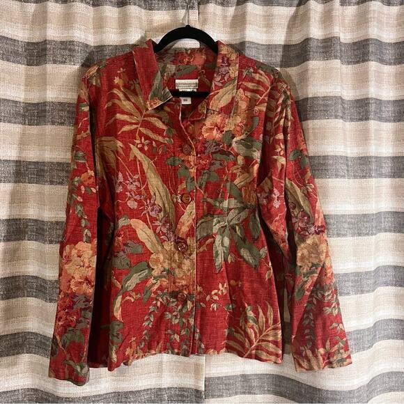Coldwater Creek Red Floral Wooden‎ Button Down Shirt Size XL - Picture 1 of 6